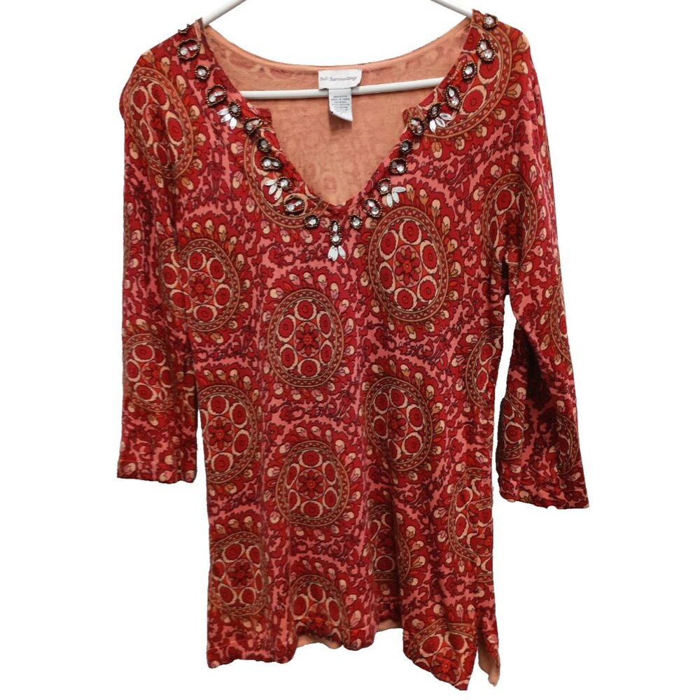 Soft Surroundings Sweater Womens Small Floral Beaded‎ BOHO Cottage Flare Sleeve